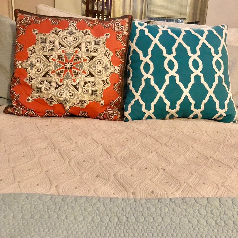 Turquoise Throw Pillow with White Embroidery